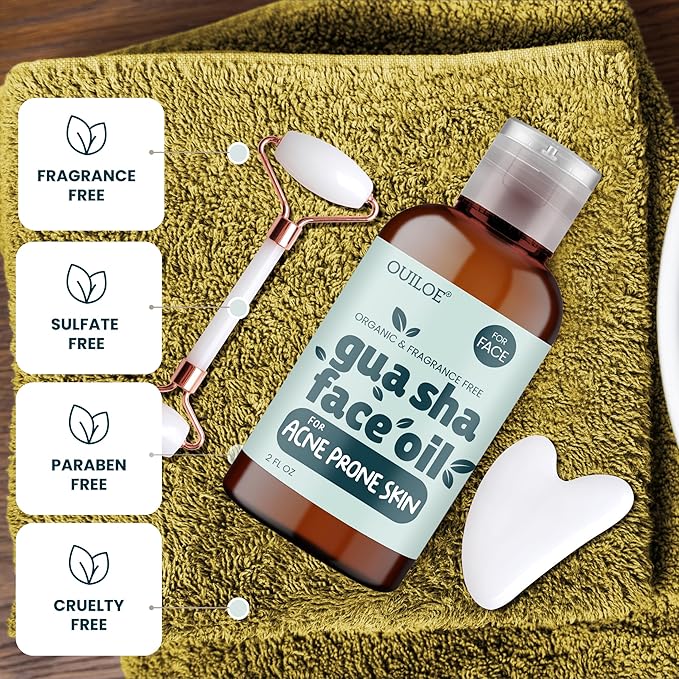 Gua Sha Oil for Face - Lymphatic and Anti Aging Facial Oil for Gua Sha Massage - Safe for Acne Prone Skin - Organic, Non Comedogenic, Fragrance Free, Lightweight - Use with Guasha Facial Tools, 2oz