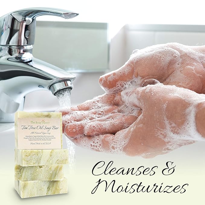 TEA TREE SOAP BAR - 4 Natural Tea Tree Oil Soap Bars for Face, Hand, Foot, Body Wash - Fights Blemishes, Itch, Body Odor. Handmade in USA with Non-GMO Ingredients. 4 Large 4.5 oz Bars