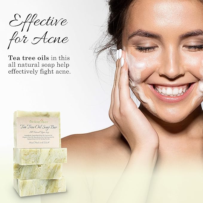 TEA TREE SOAP BAR - 4 Natural Tea Tree Oil Soap Bars for Face, Hand, Foot, Body Wash - Fights Blemishes, Itch, Body Odor. Handmade in USA with Non-GMO Ingredients. 4 Large 4.5 oz Bars