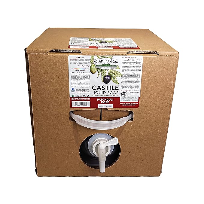 Vermont Castile Soap Patchouli Rose, Gentle Liquid for Sensitive Skin & Natural Body Wash, Organic Hair Shampoo for Oily Hair, Aloe Castile Soap for Men & Women - 5 Gallon