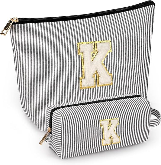 2 PCS Initial Makeup Bags for Women: Cosmetic Bag for Travel Toiletry - Birthday Gifts for 11 12 13 14 15 16 17 18 Years Old Girl Graduation Teacher Gift- Teen Girl Gifts Trendy Stuff - Black K