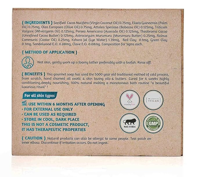 ROOTS AND HERBS Vegan No Paraben No SLS No Sulphate Ayurvedic Natural Treatment Luxurious Babassu, Sandalwood and Clove Oil Cold Process Gourmet Cleansing Bar Soap