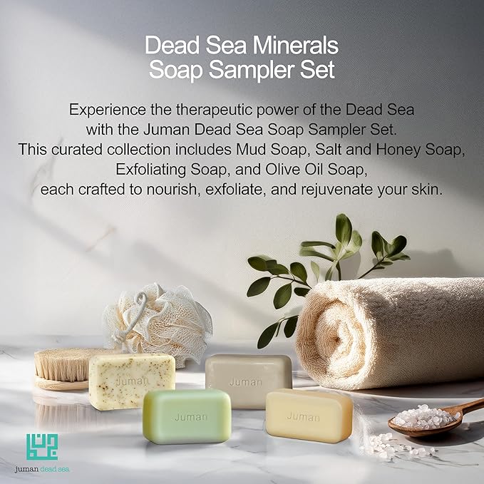 JUMAN Dead Sea Minerals Soap Bar | Variety Pack | Enriched in Vitamin E | Infused with Plant Extracts | SLS & Paraben Free | Soap for Acne, Dark spots, Eczema & Blackheads | From 4oz (Pack of 4)