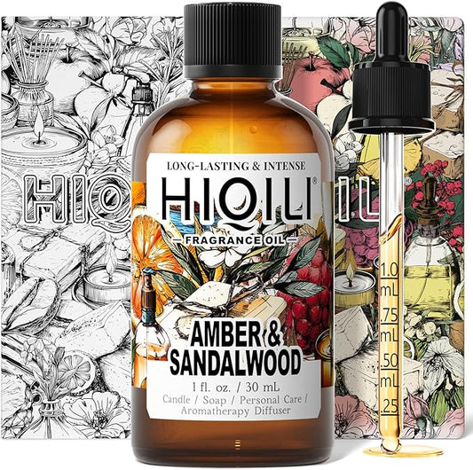 HIQILI Amber & Sandalwood Fragrance Oil for Diffuser, DIY Candle & Soap Making, Add to Body Lotion, Long-Lasting Scents - 1 Fl Oz
