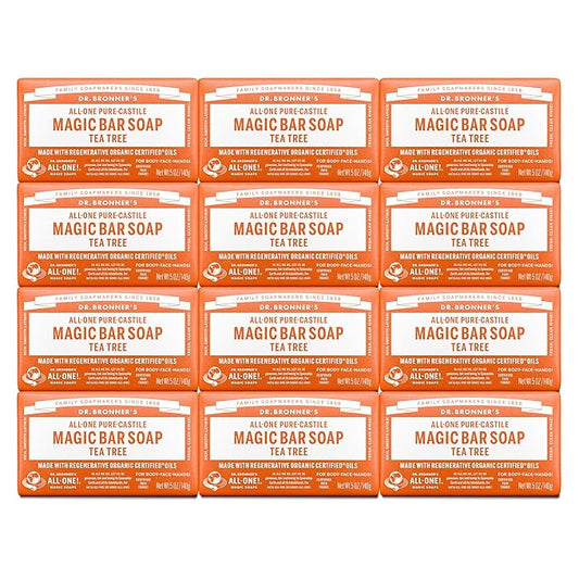 Dr. Bronner's Pure-Castile Magic Bar Soap - Tea Tree, Made with Regenerative Organic Certified Oils, For Face, Body & Hair, Gentle, Vegan, Non-GMO (5oz, 12-Pack)