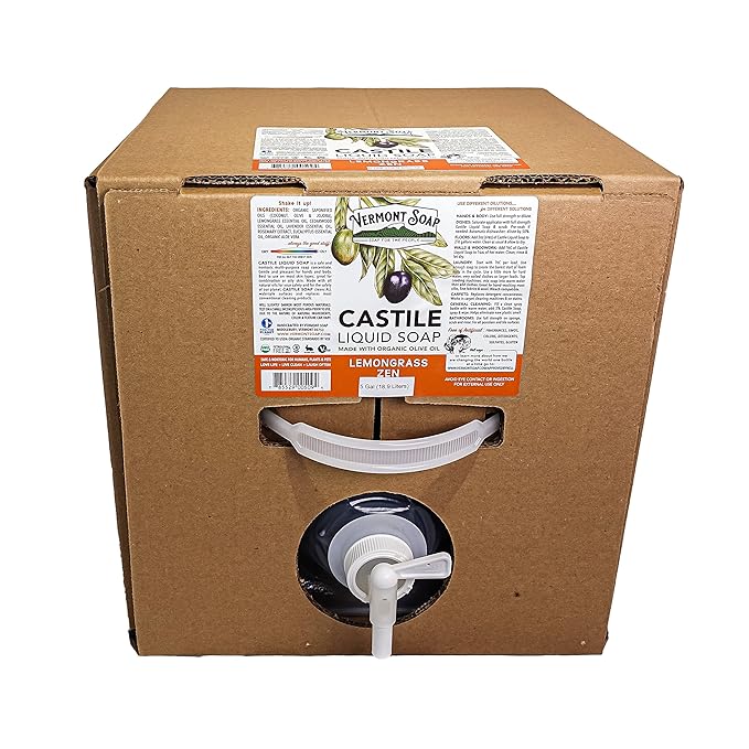 Vermont Castile Lemongrass Zen Soap, Gentle Liquid for Sensitive Skin & Natural Body Wash, Organic Hair Shampoo for Oily Hair, Aloe Castile Soap for Men & Women - 5 Gallon