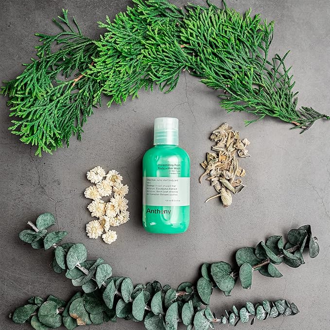 Anthony Mens Body Wash and Shampoo: Invigorating Rush 2-In-1 Liquid Gel Soap & Hair Shampoo, Pine Wood Scent, Hydrating with Eucalyptus, Canadian Balsam, Birch Leaf, Charcoal, Sea Kelp, 3.4 Fl. Oz